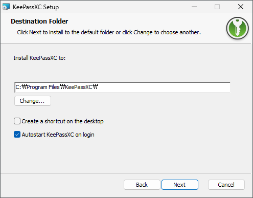 Seleção de caminho de instalação do KeePassXC e configurações de opções de início automático
