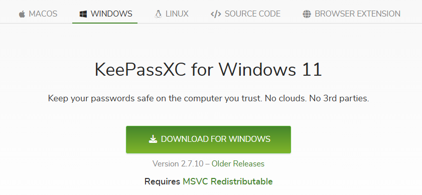 Página de download do KeePassXC para Windows 11