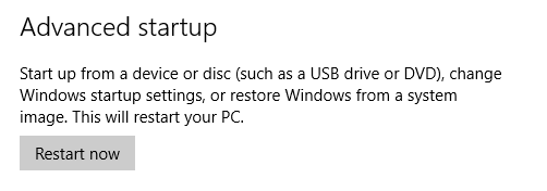 Opções de arranque avançadas - Botão Reiniciar agora