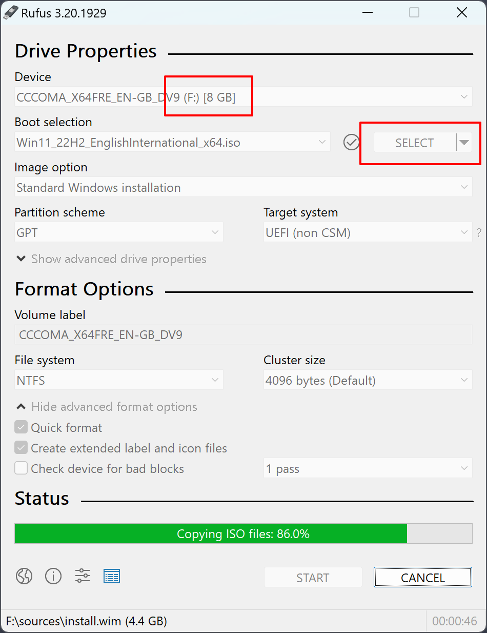 Ecrã de definições principais do Rufus