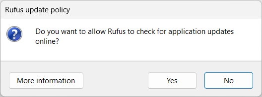 Pop-up de verificação de atualizações do Rufus