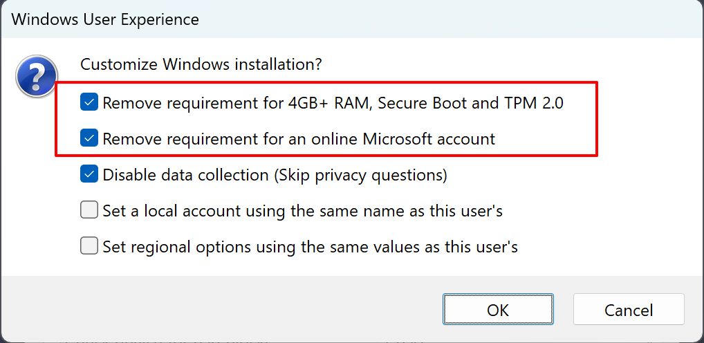 Definições de experiência de utilizador do Rufus